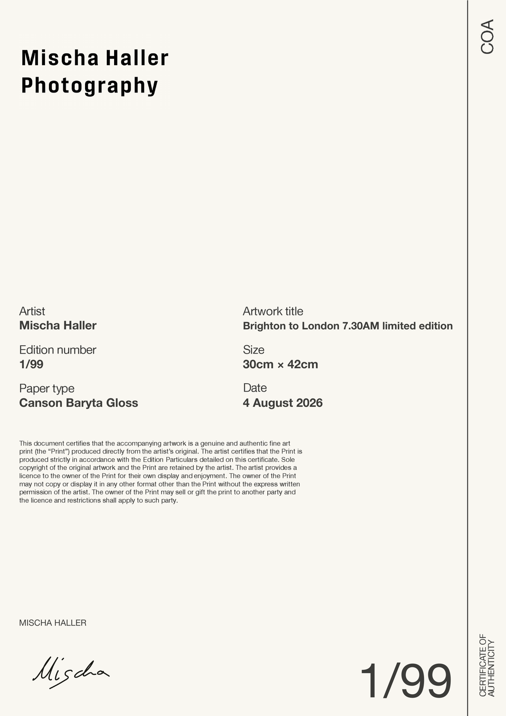 Brighton to London 7.30AM limited edition — Certificate of Authenticity