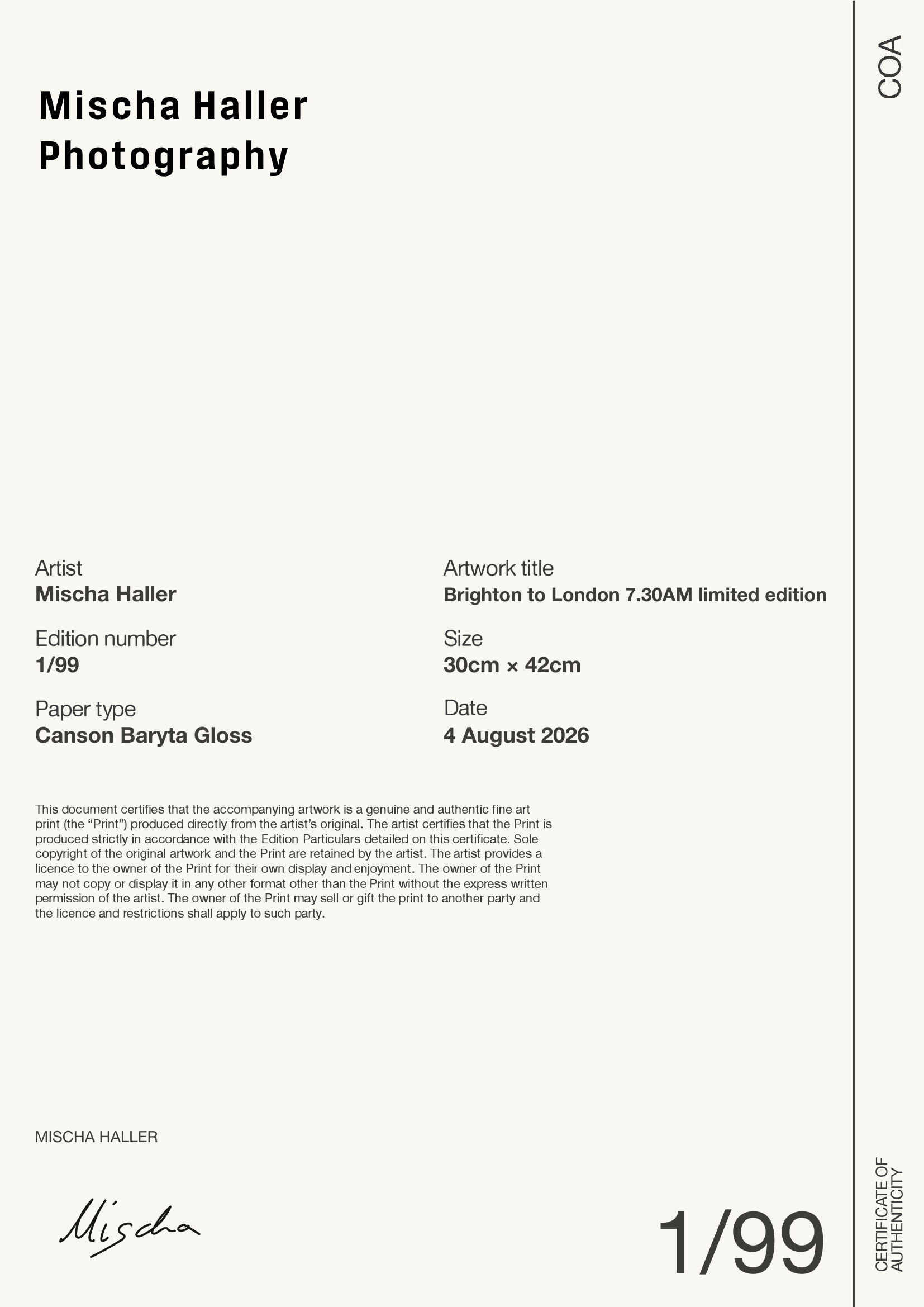 Brighton to London 7.30AM limited edition — Certificate of Authenticity